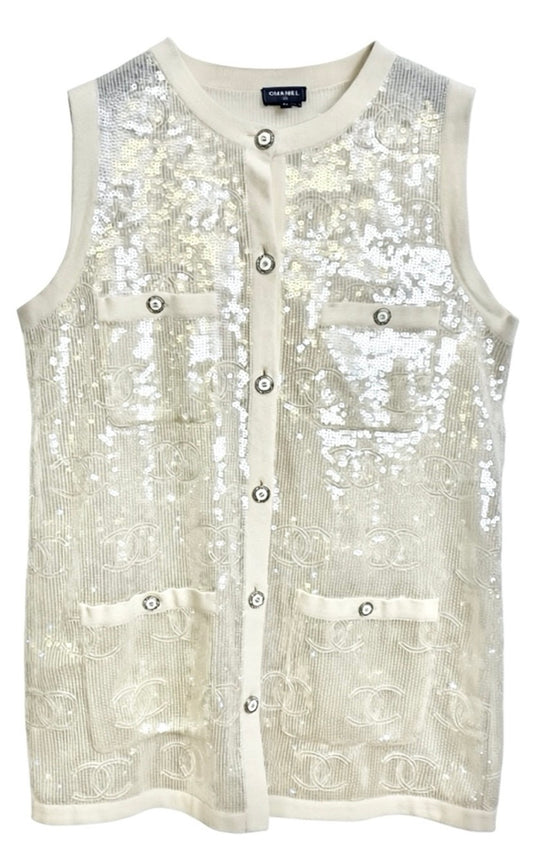 Rare Chanel 22S CC Iridescent Sequin Cream Mini Dress Cardigan Vest FR 40