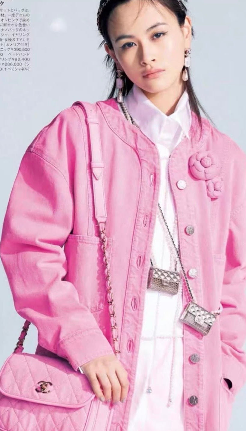 Iconic Chanel 21S Neon Pink Denim Camellia Jacket FR 36