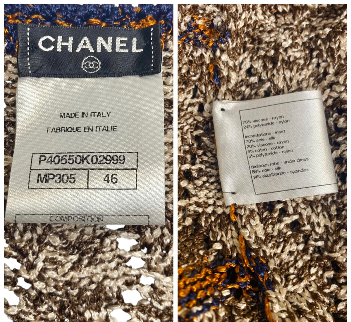 Chanel Brown Orange Navy CC Knit Crochet Dress FR 46