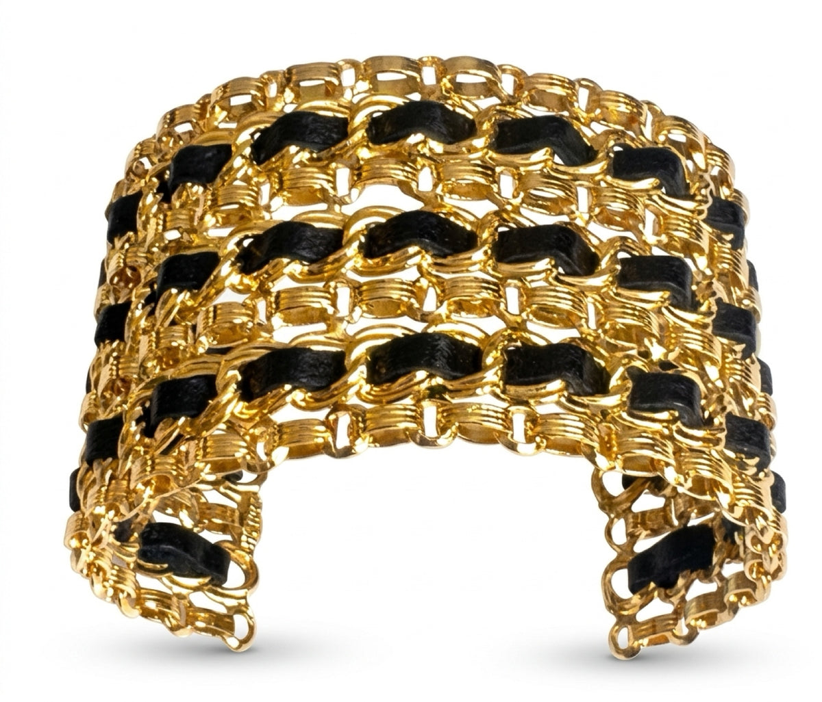Vintage 80’s Chanel Wide 24K Gold Plated Black Leather Statement Cuff Bracelet