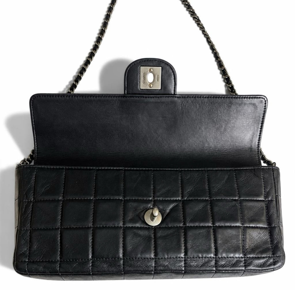 Vintage Chanel Black Lambskin East West Chocolate Bar Flap SHW