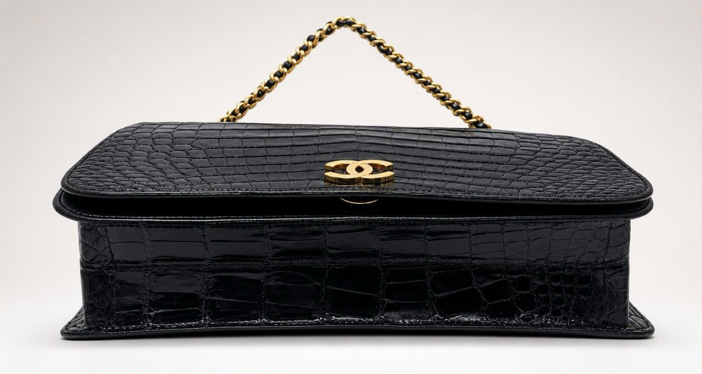 ULTRA RARE Vintage 1984 Chanel Black Crocodile Flap Bag 24K Gold Hardware