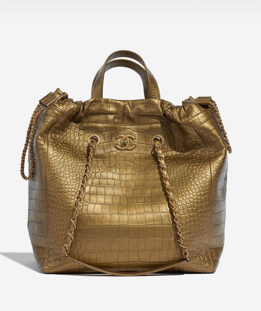 Chanel 19A Paris-New York Egyptian Limited Edition Croc Embossed Gold Leather Shopping Tote
