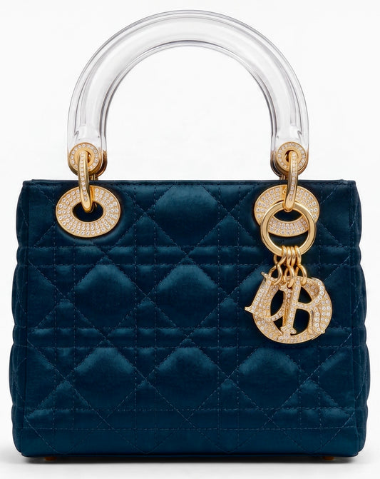 Ultra Rare Vintage 1999 Mini Lady Dior Navy Blue Gold Crystals Lucite Silk Handbag