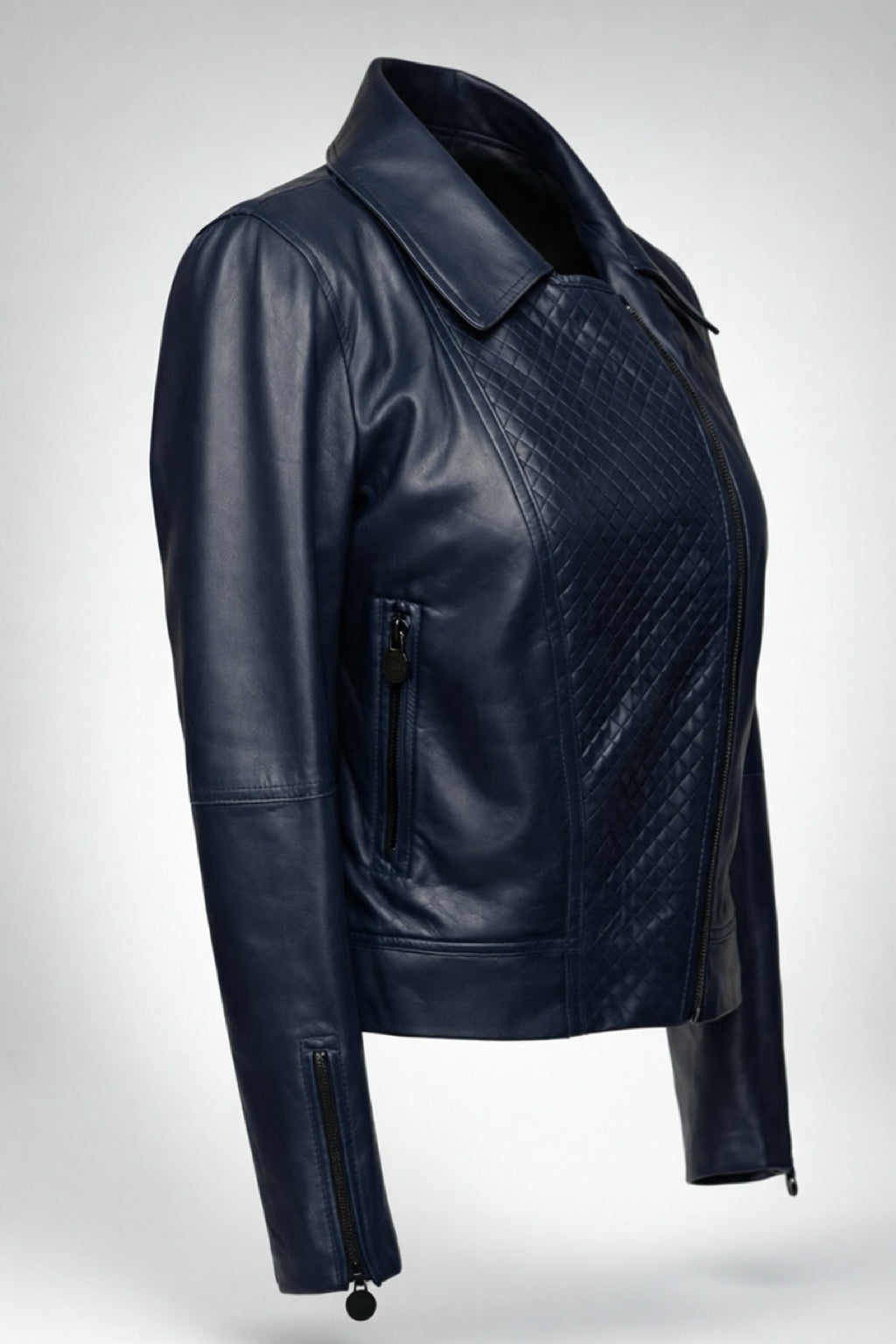 Chanel 12P Dark Blue Petrol Quilted Leather Biker Jacket FR 36
