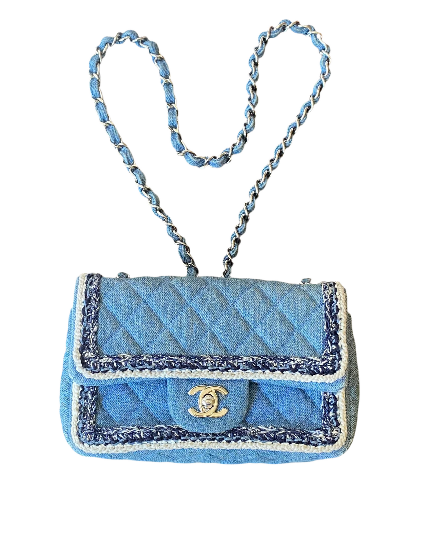 Chanel 2019 Mini Small Light Blue Denim Braided Trim Classic Flap Bag