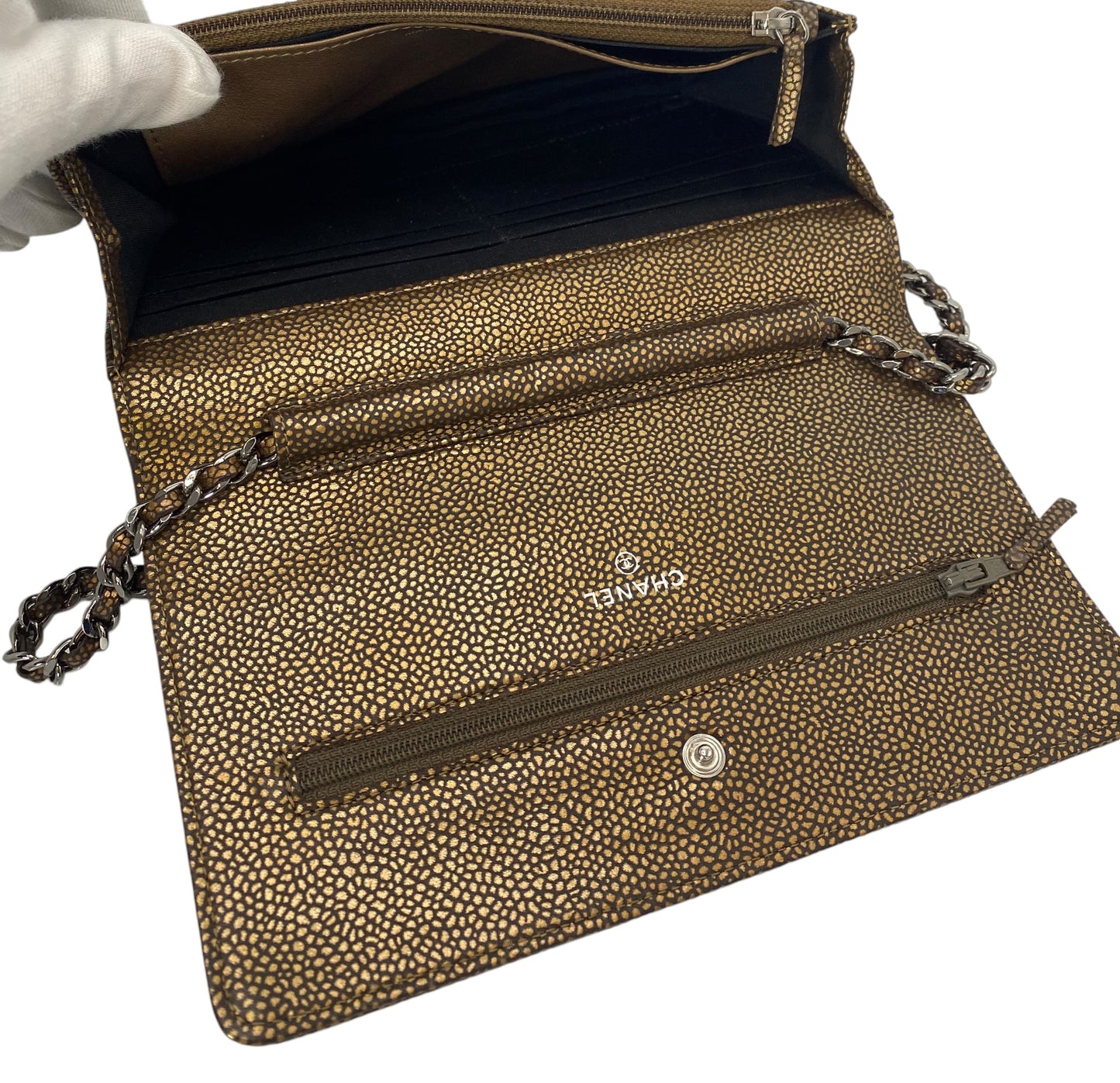 Chanel Gold Bronze Metallic Caviar Timeless Wallet on Chain Double CC WOC