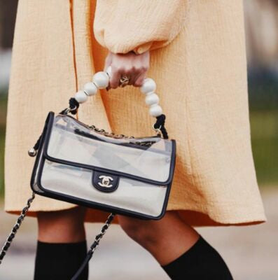Chanel 19S Runway Medium Black Lambskin PVC Sand By The Sea Pearl Strap Flap Bag