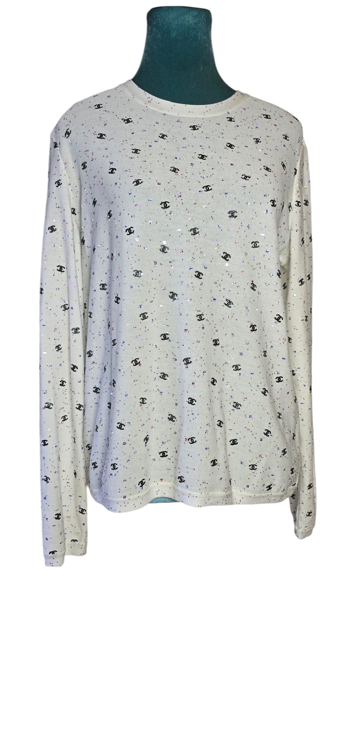 Chanel 20S White CC Logo Sequin Embroidered Long Sleeve Top FR 42