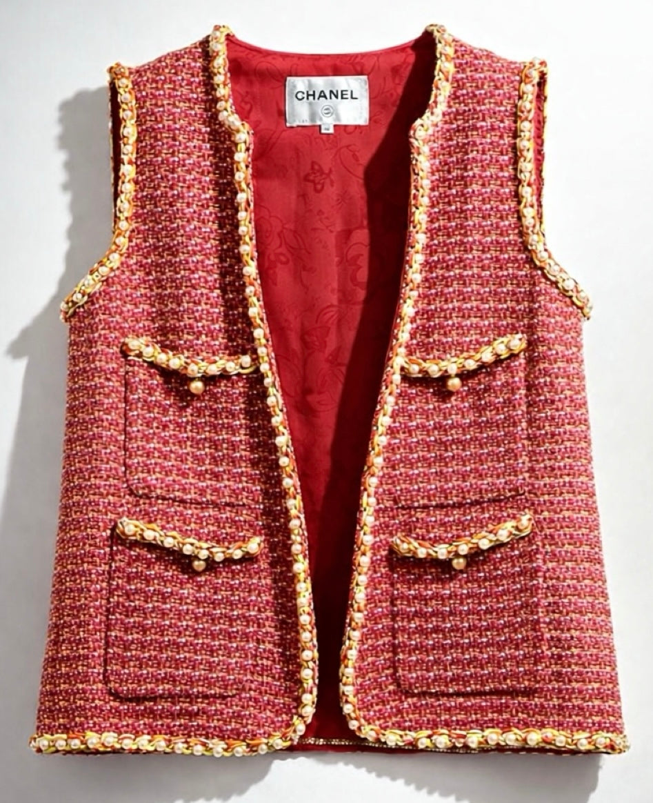 Rare Chanel 17S Pink Red Multicolor Pearl Trim Tweed Waistcoat Vest FR 40