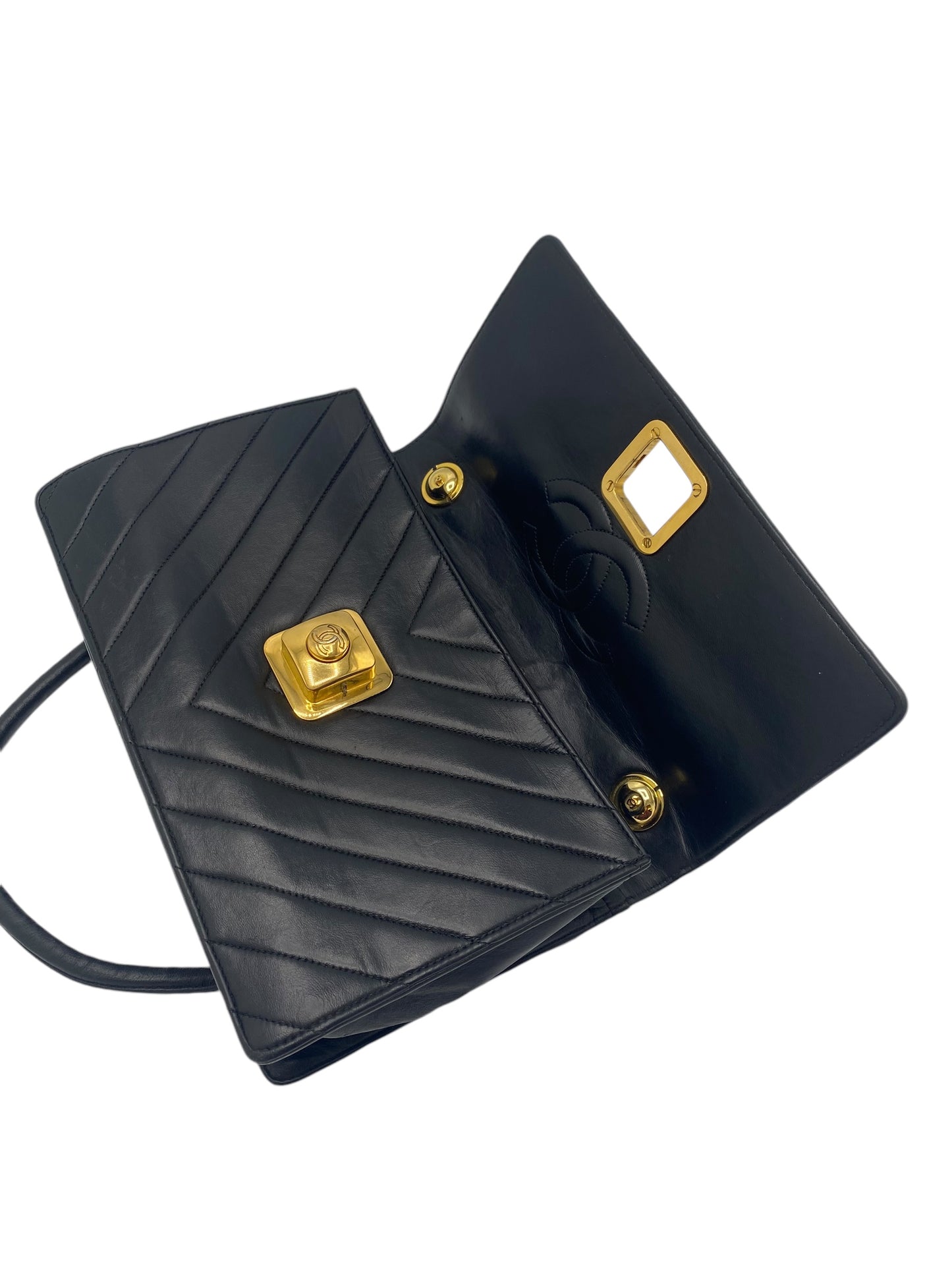 Chanel Vintage 90’s CC Medium Black Chevron Lambskin Crossbody Classic Flap Bag 24K Plated GHW