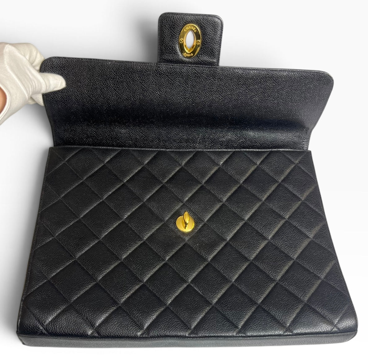 Vintage 90s Chanel XL Jumbo Black Caviar Quilted Classic Briefcase Bag 24K GHW