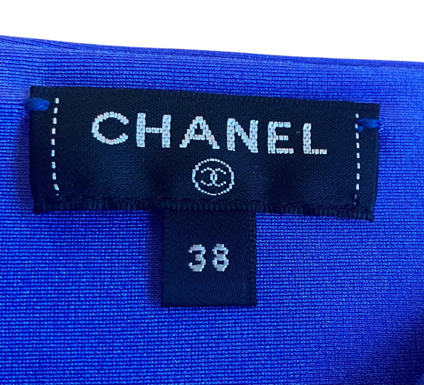 Chanel 21A Runway Royal Blue Sequin Logo Cropped Top Blouse FR 38