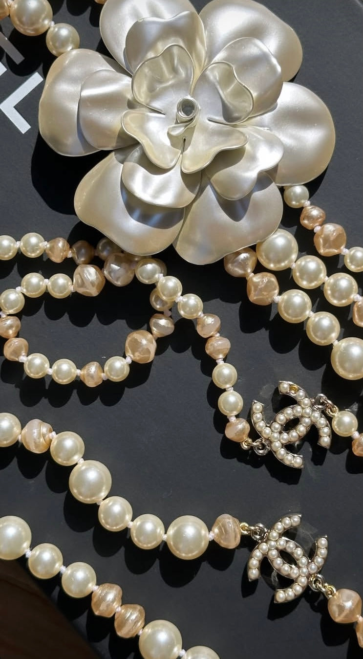 Rare Chanel 09A Extra Long 3 Strand 10 CCs Metal Camellia Long Statement Necklace GHW