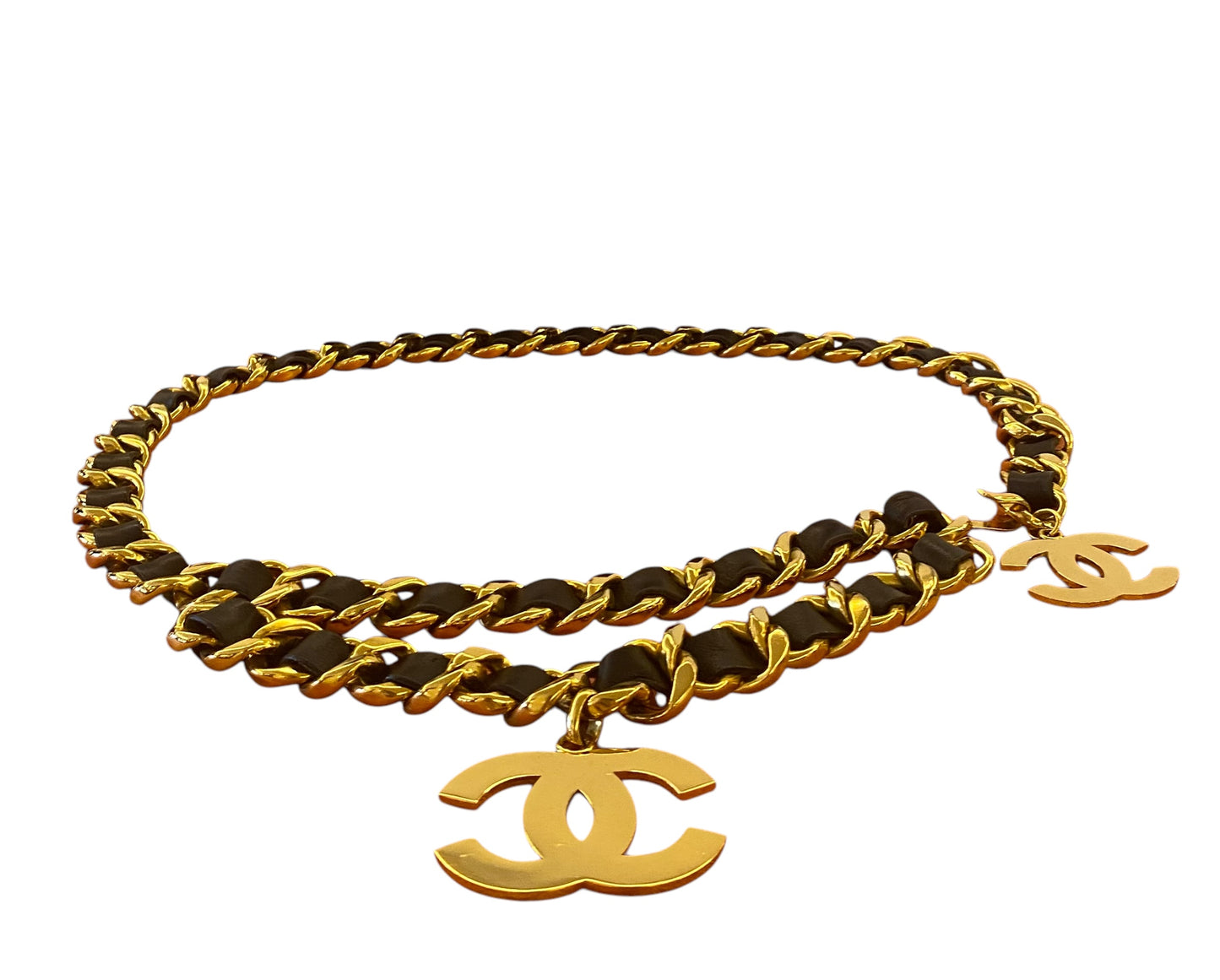 Iconic Vintage Chanel 93P Jumbo Gold Chain CC Logo Black Leather Belt Necklace