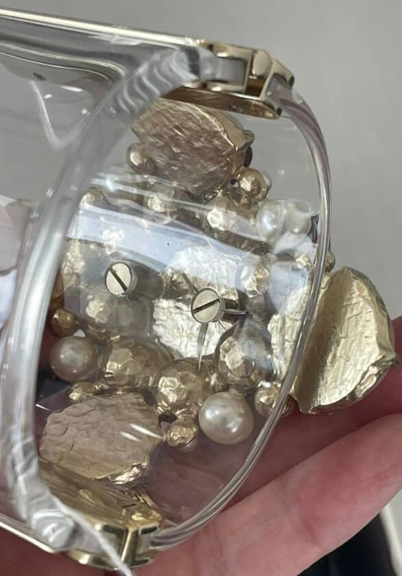 Rare Chanel 13S CC Pearl Medallion Clear Resin Cuff Bracelet