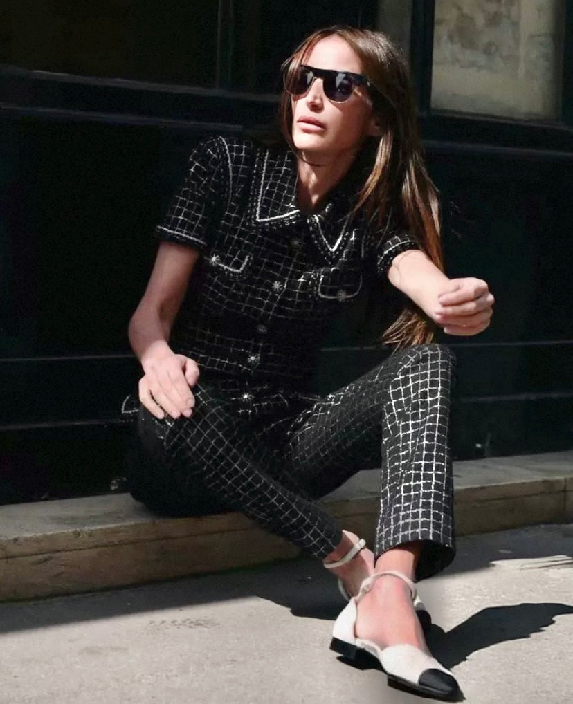 Chanel 20S Black Metallic Silver Iridescent One Piece Jumpsuit FR 38