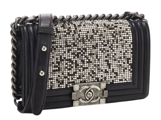 Chanel 14P Limited Edition Swarovski Crystals Strass Small Black Leather Boy Handbag