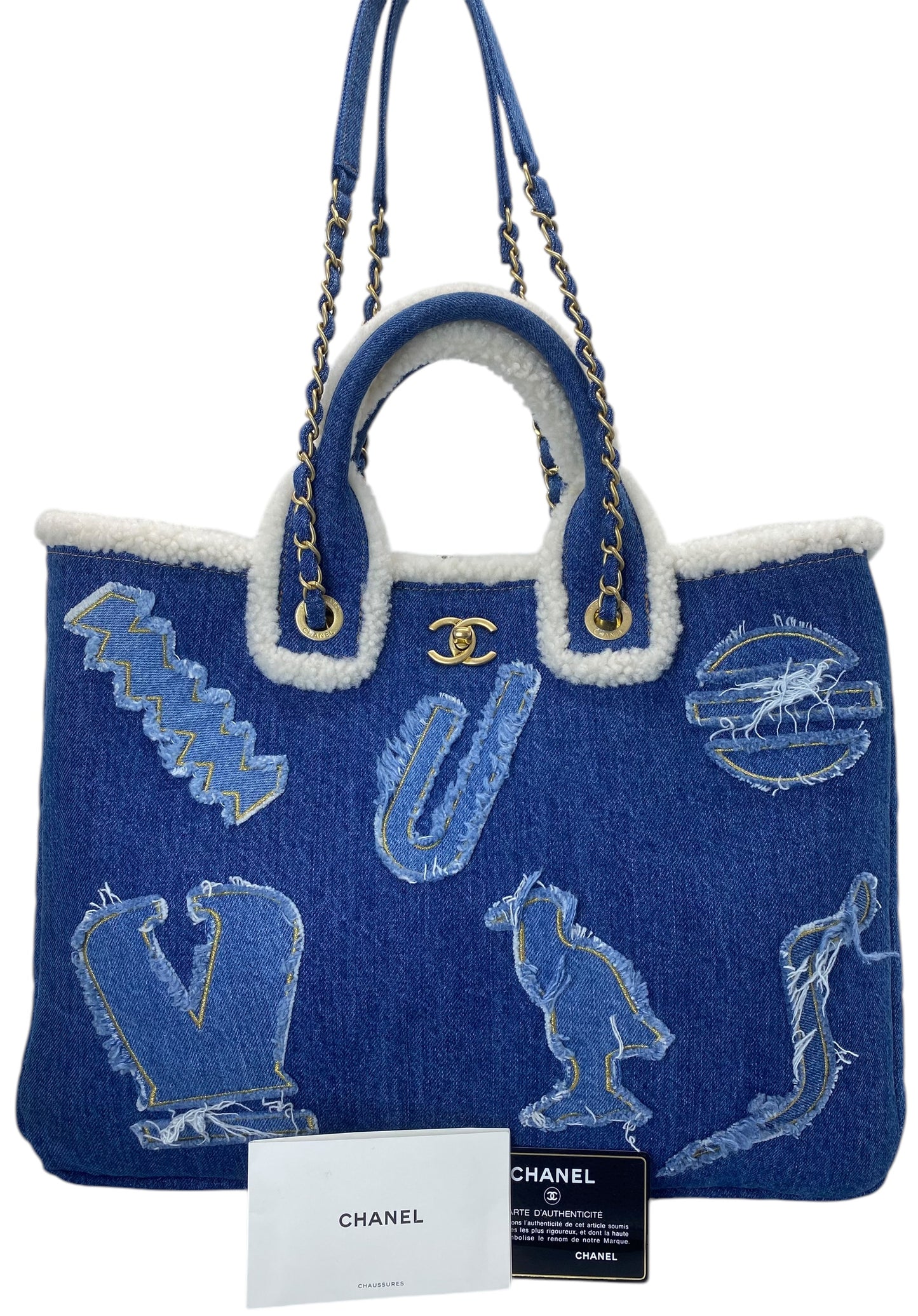 Chanel 19A Paris-New York Egypt Blue Denim & Shearling Hieroglyph Coco Shopping Tote