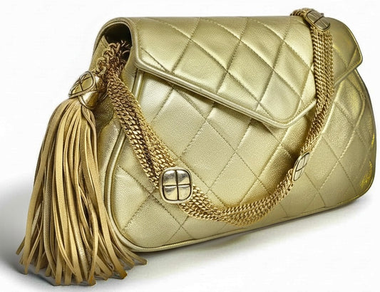 Rare 90’s Chanel Vintage Gold Quilted Lambskin Leather Multi Chain Jewelry Tassel Bag