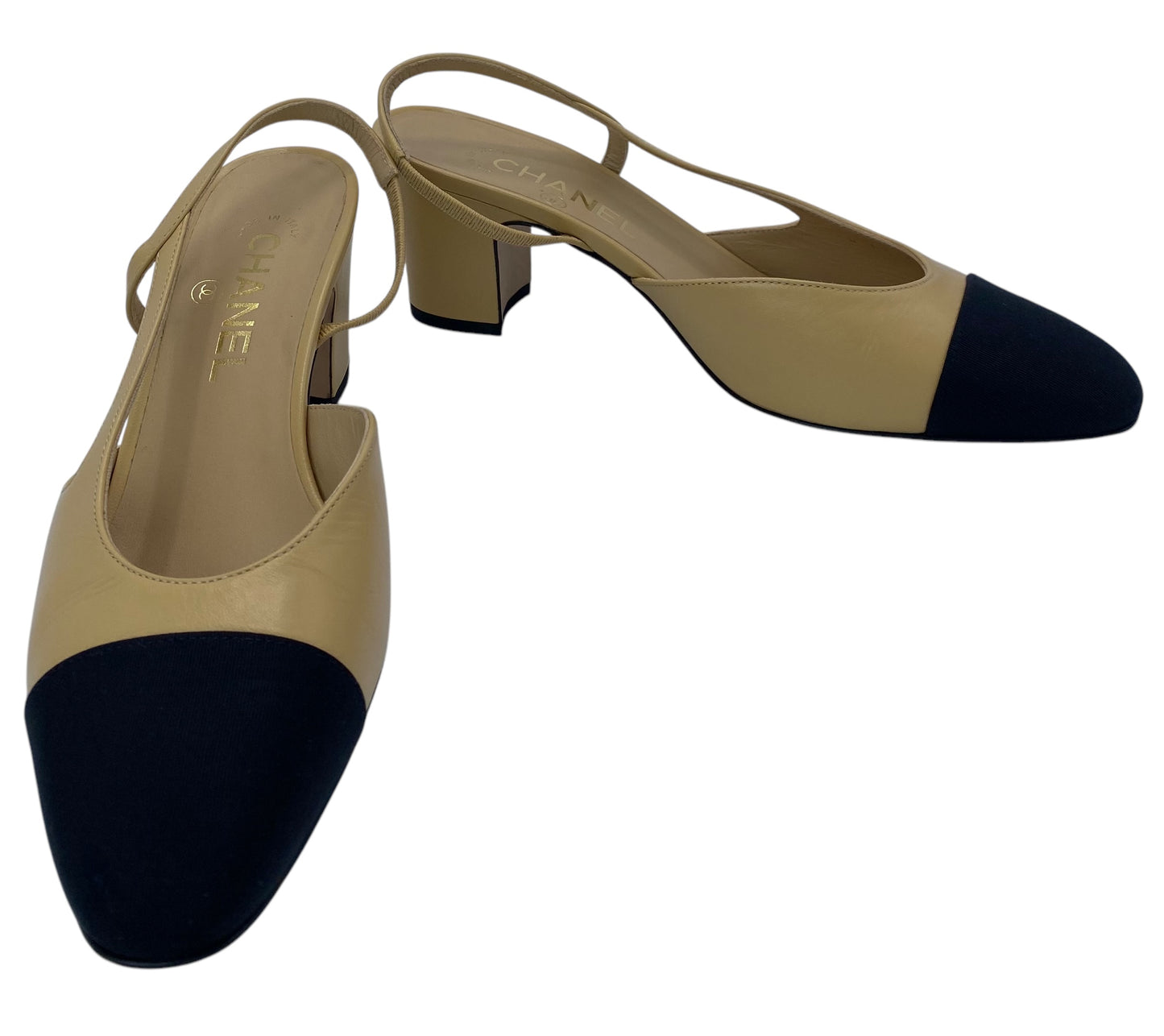 Chanel 23C Tan Leather Black Grosgrain Classic Slingback Pump Heels EU 38.5C