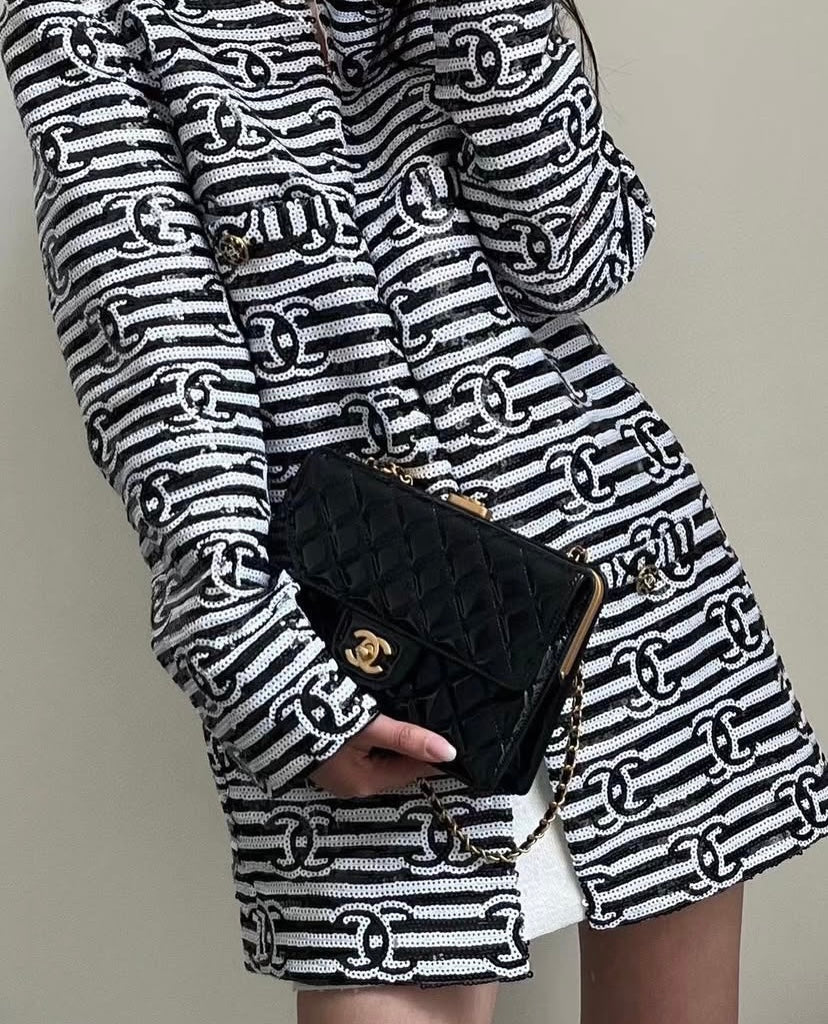 Chanel 22S Runway Sequin CC Logo Black and White Jacket FR 40