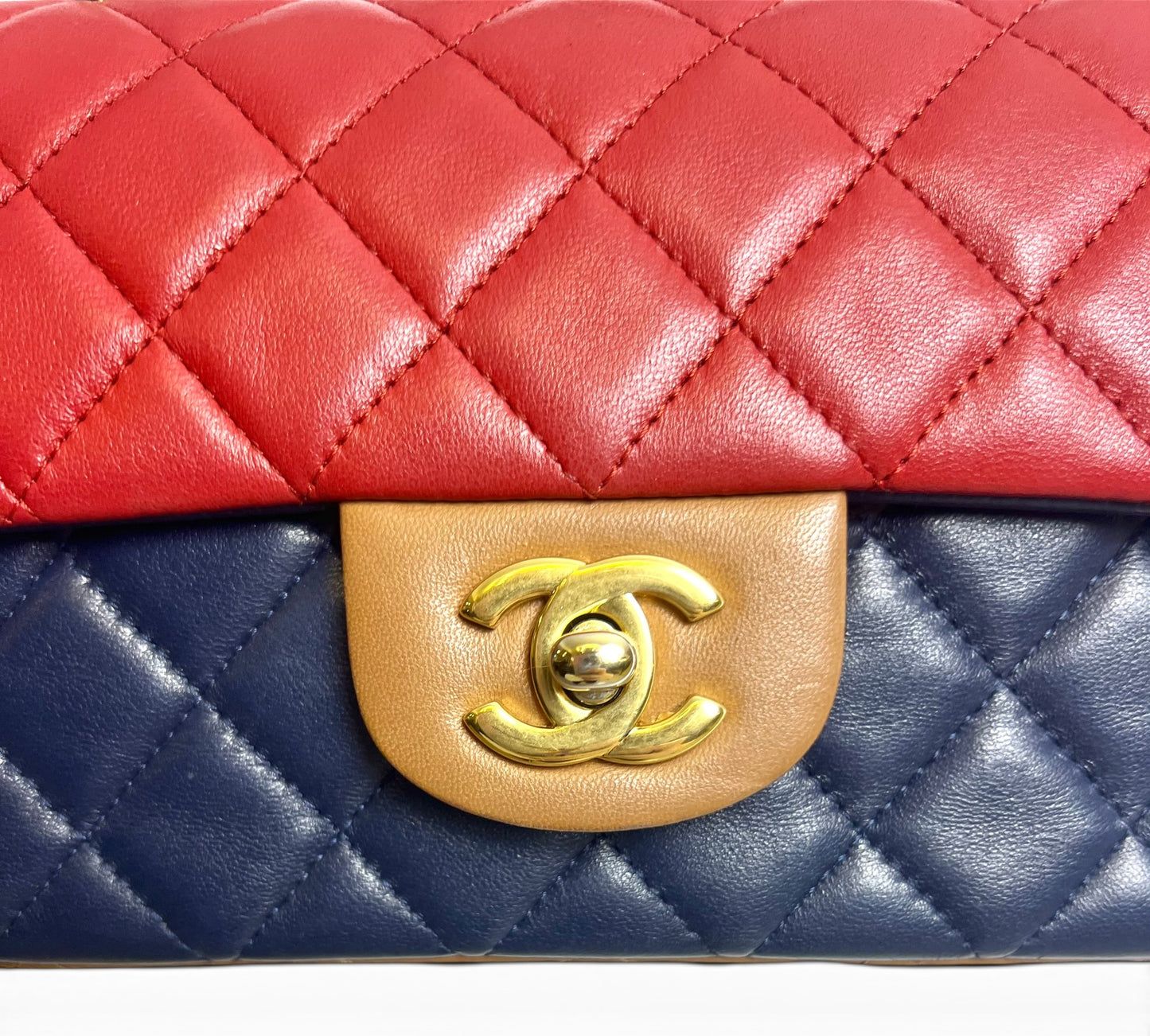 Rare Chanel 13A Edinburgh Tricolor Navy Red Caramel Quilted Lambskin Mini Classic Flap Bag GHW