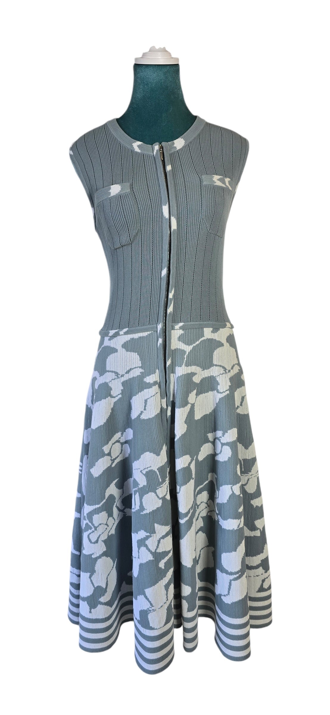 Chanel Airlines 2016 Runway Knit Midi Dress Baby Blue White Zipper Crew Neck FR 42