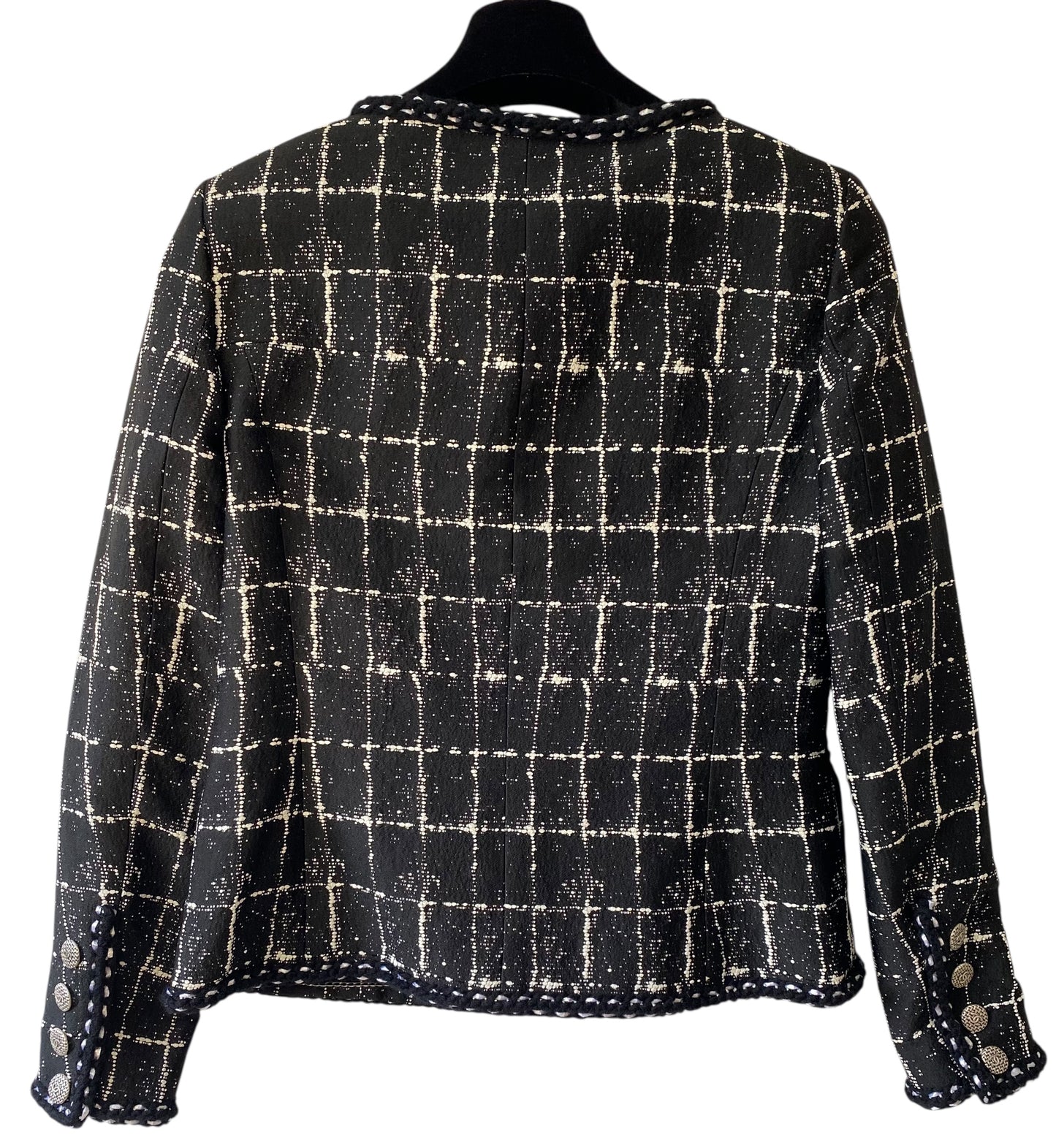 Chanel 14P Black White Grid Tweed Braided Trim Double Breasted Collarless Jacket FR 36