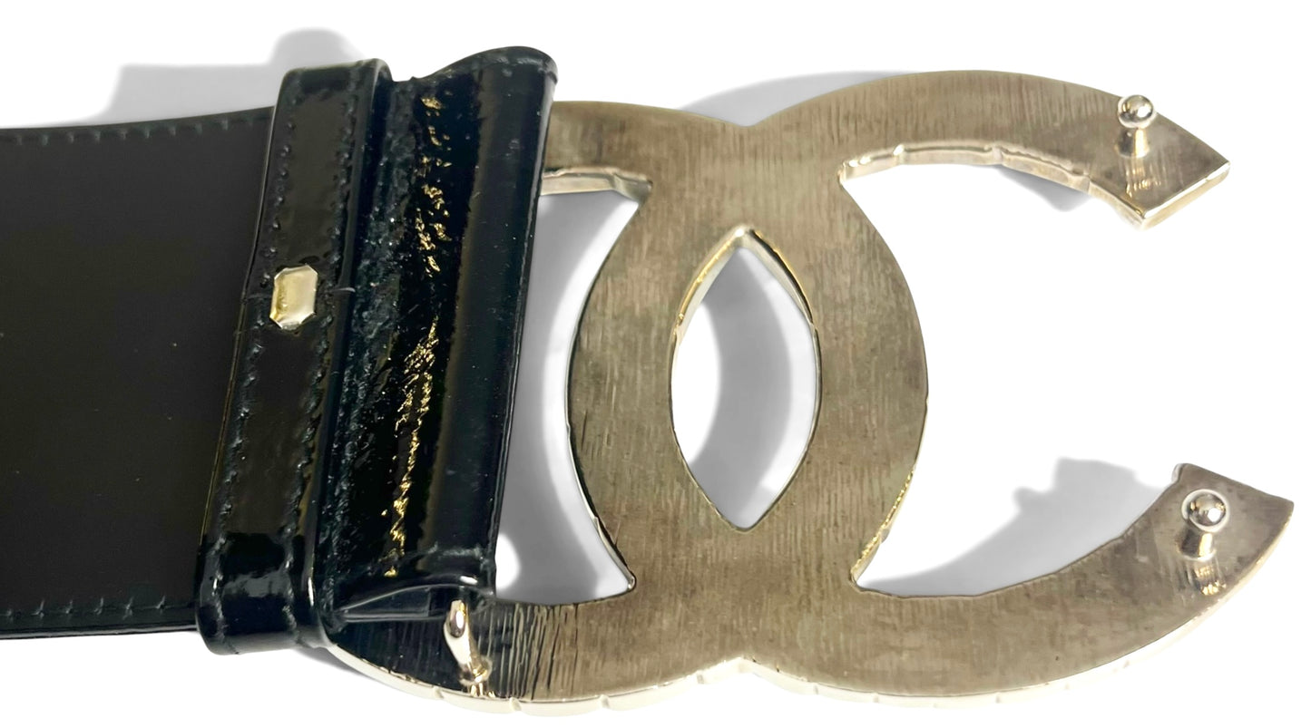 Chanel 07P Black Patent Silver Oversized CC Croc Embossed Logo Wide Belt Size 90/36