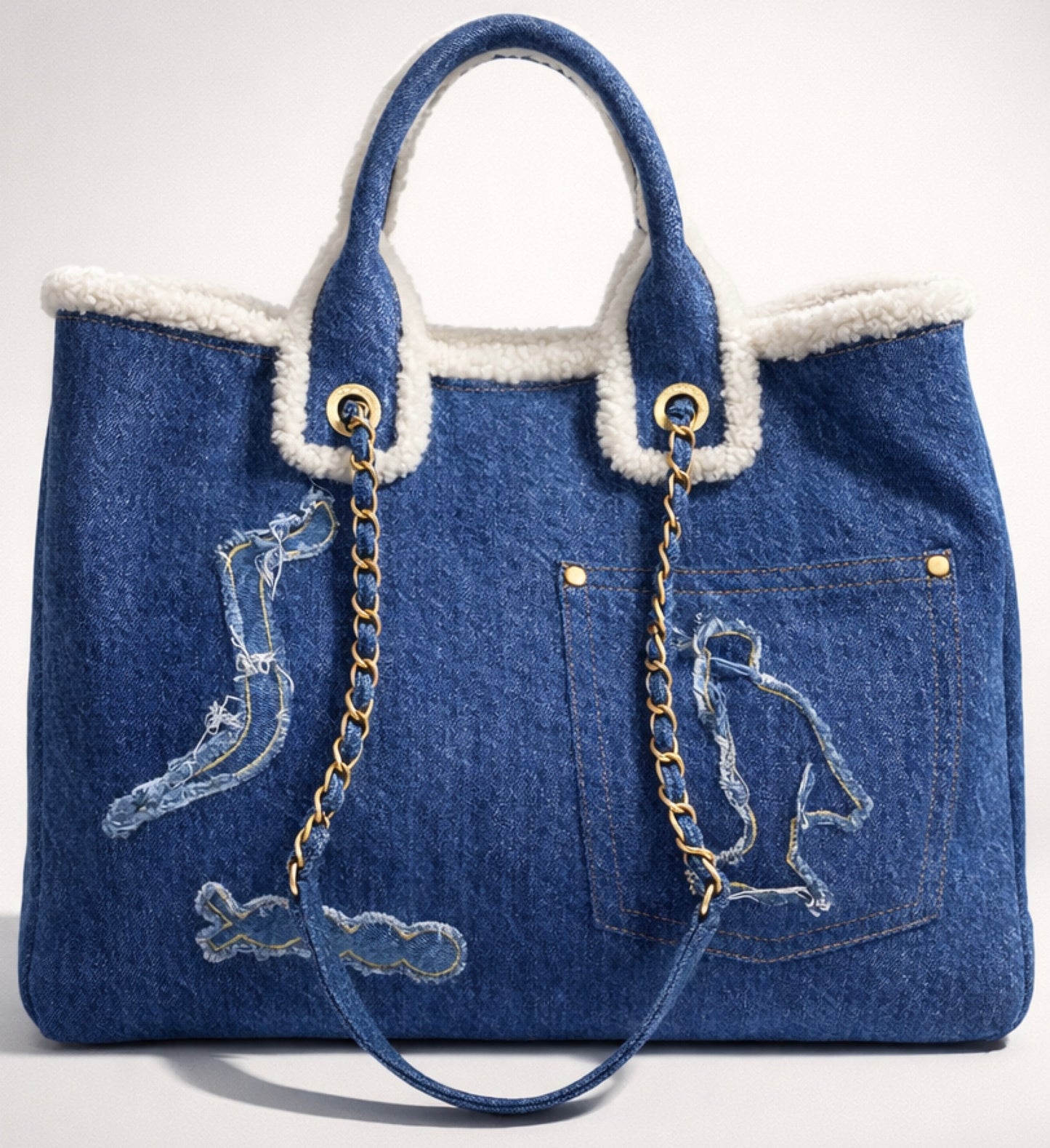 Chanel 19A New York Egypt Denim Shearling Hieroglyph Coco Shopping Tote