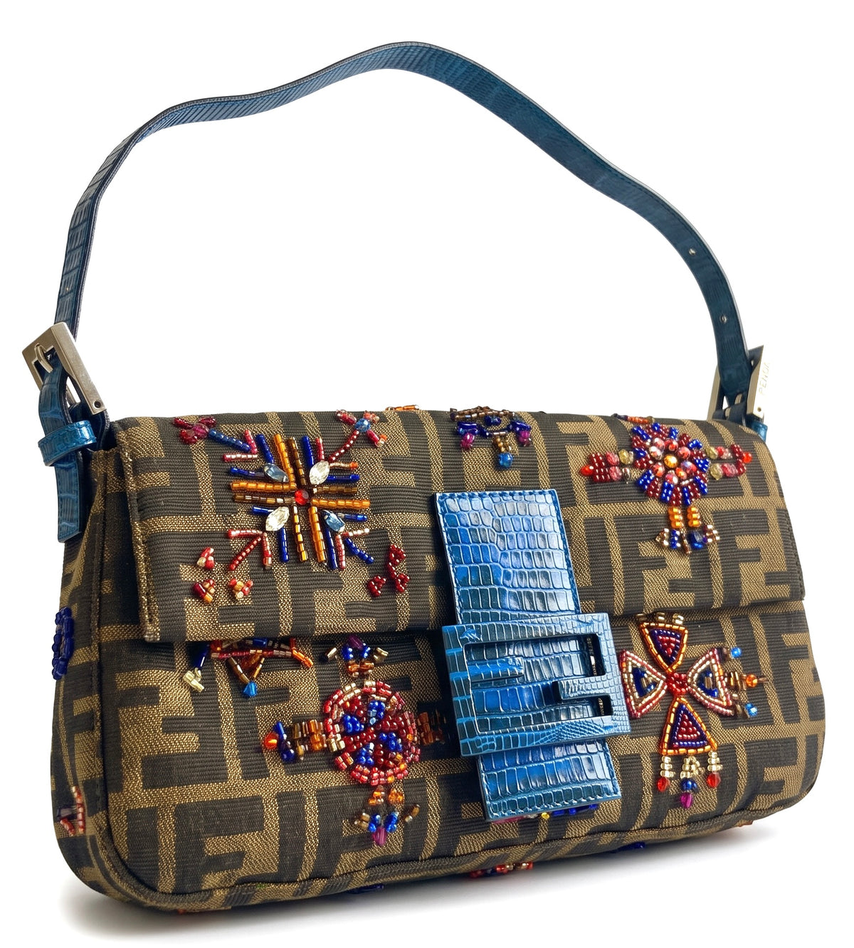 Fendi Vintage Blue Lizard Trimmed Embroidered Beaded Classic Zucca Baguette Bag