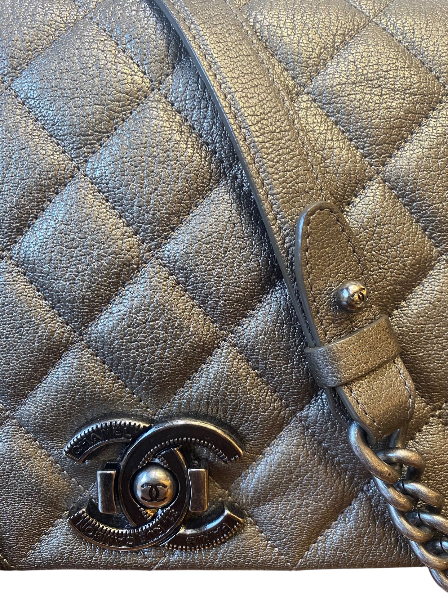 Chanel City Rock Large Dark Grey Metallic Quilted Goatskin Flap Bag