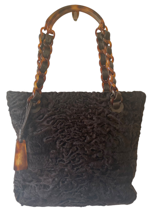 Rare Chanel 1998 Astrakhan Brown Soft Persian Lamb Tortoise Handle Mini Small Tote Bag