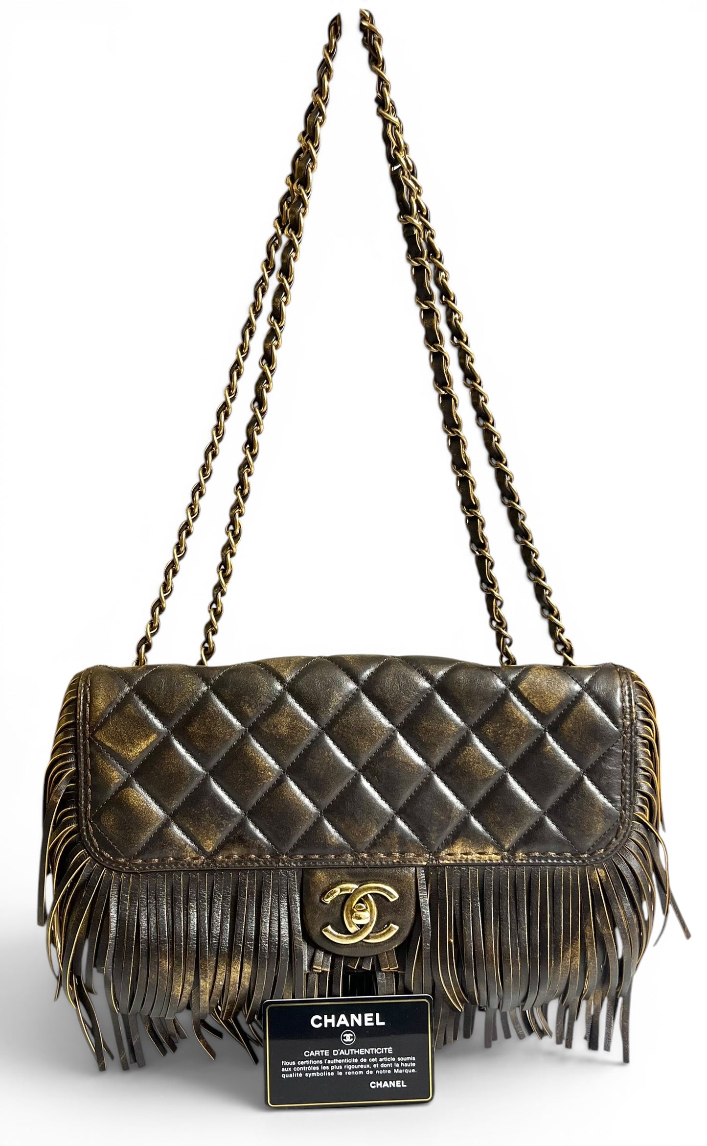 Rare Chanel 14A Paris Dallas Medium Brown Metallic Leather Fringe Classic Flap Bag
