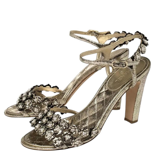 Chanel Gold Metallic Leather Camellia Pearl Sandals Heels EU 38.5C