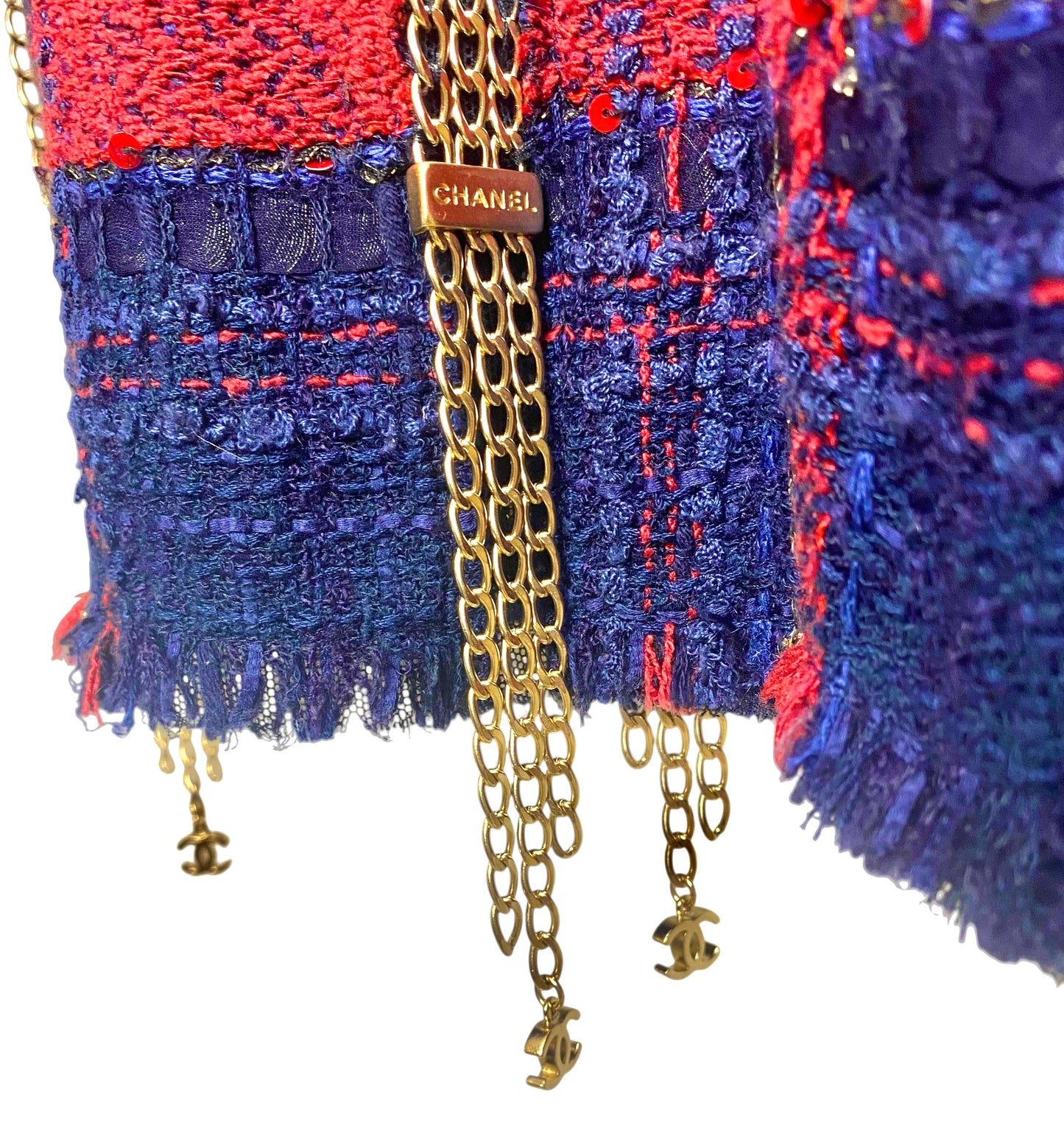 RARE CHANEL 08P RUNWAY BLUE RED GOLD CC MULTI CHAINS TWEED JACKET FR 44