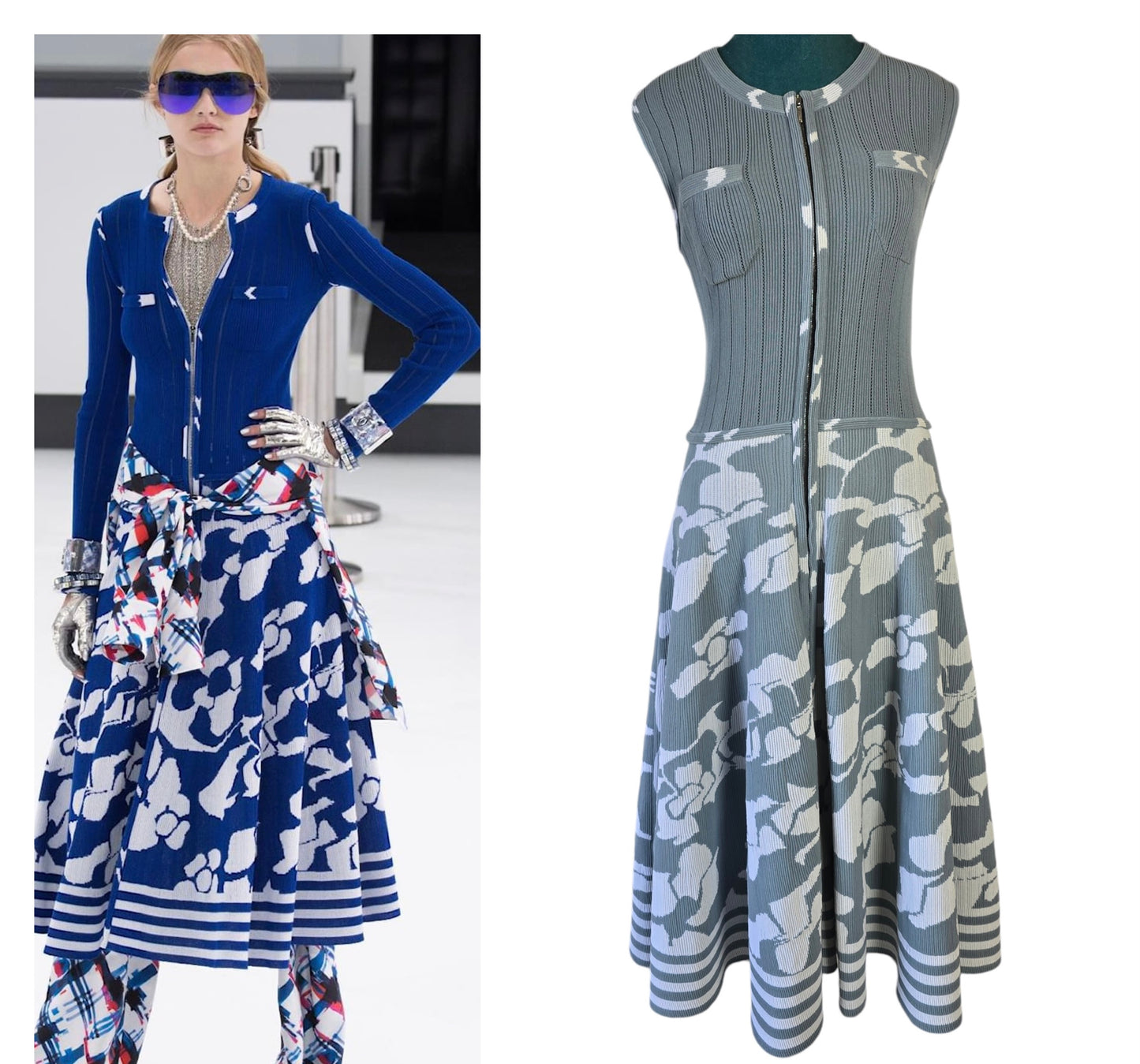 Chanel Airlines 2016 Runway Knit Midi Dress Baby Blue White Zipper Crew Neck FR 42