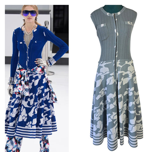 Chanel Airlines 2016 Runway Knit Midi Dress Baby Blue White Zipper Crew Neck FR 42