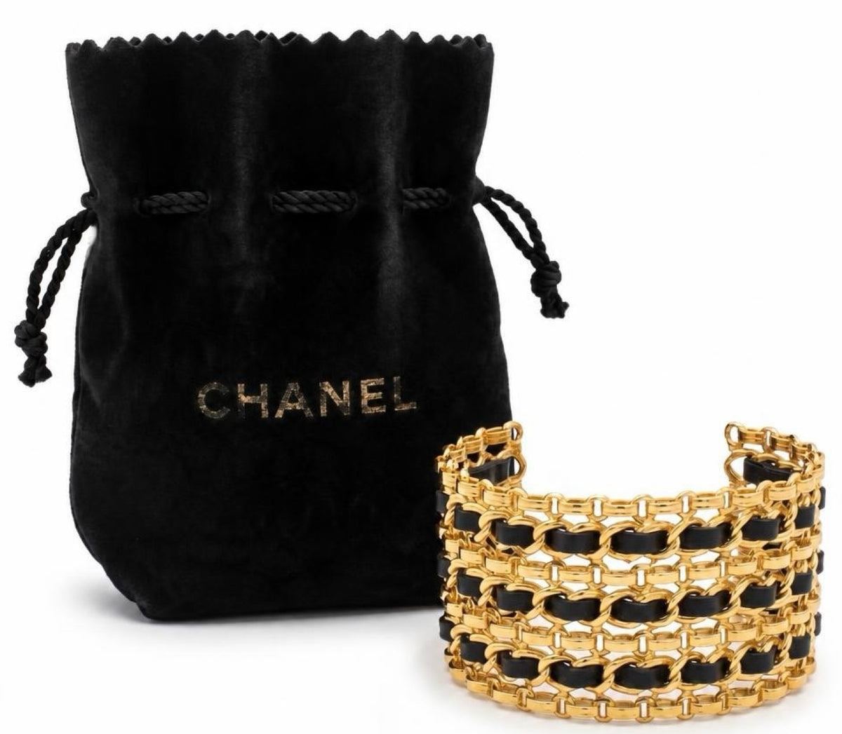 Vintage 80’s Chanel Wide 24K Gold Plated Black Leather Statement Cuff Bracelet