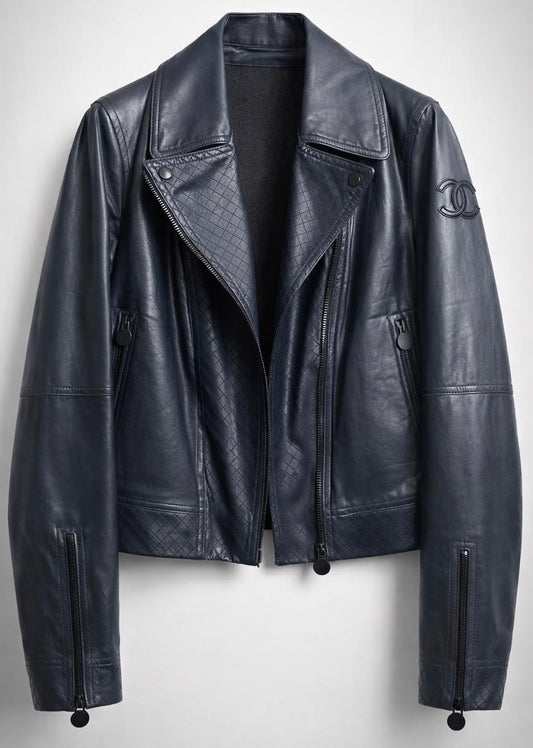 Chanel 12P Dark Blue Petrol Quilted Leather Biker Jacket FR 36