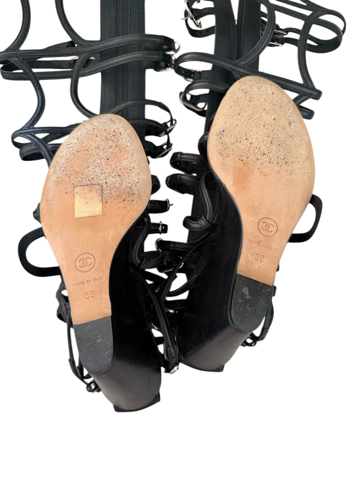 Chanel 2010 Black Leather Interlocking CC Gladiator Wedge Sandals EU 39