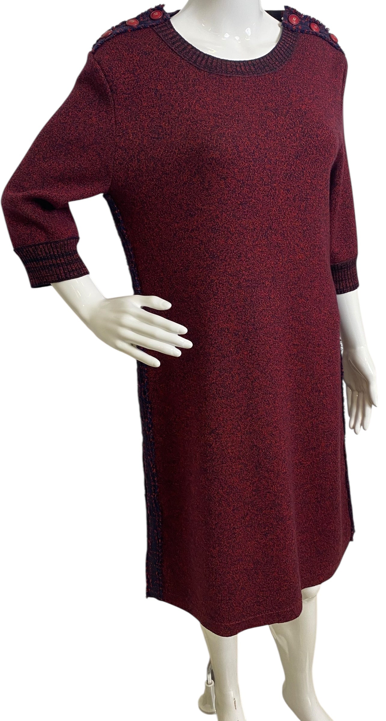 Chanel 2019 Burgundy Navy Wool Cashmere Tweed Trim CC Buttons Dress FR 40