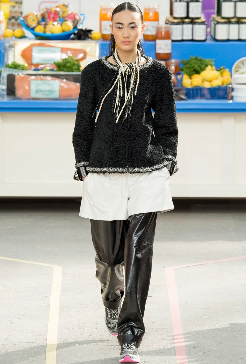 Chanel 14A Runway Supermarket Collection Black Boucle Silver Metallic Braided Trim Jacket 42