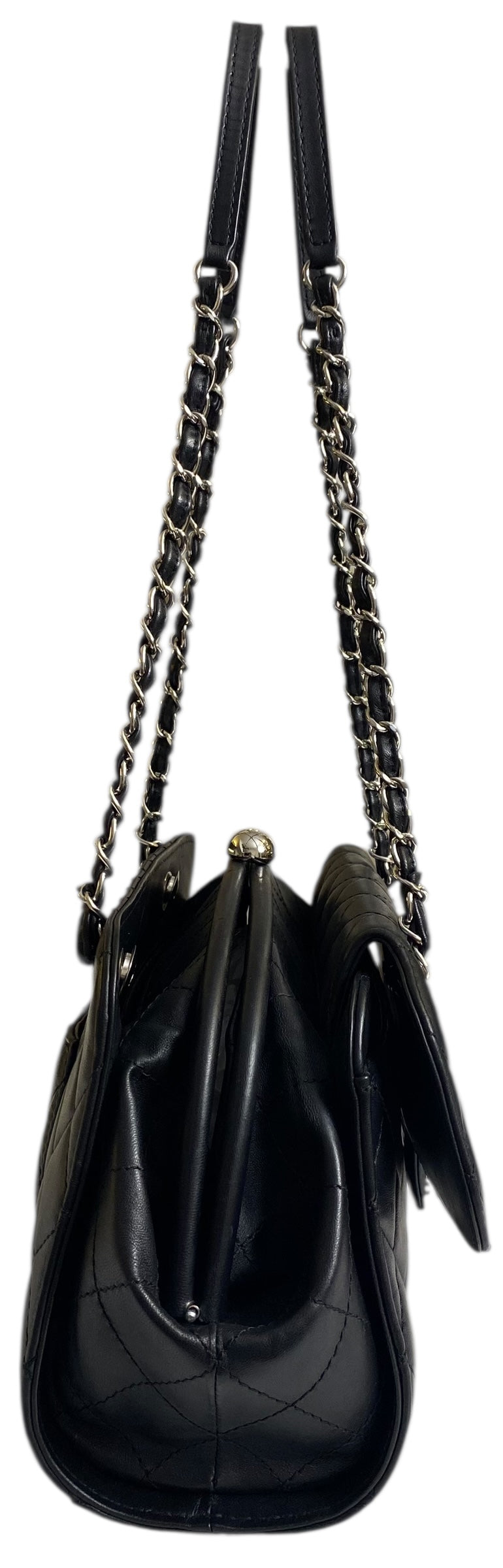 Chanel Classic Black CC Kisslock Lambskin Frame Compartment Bag