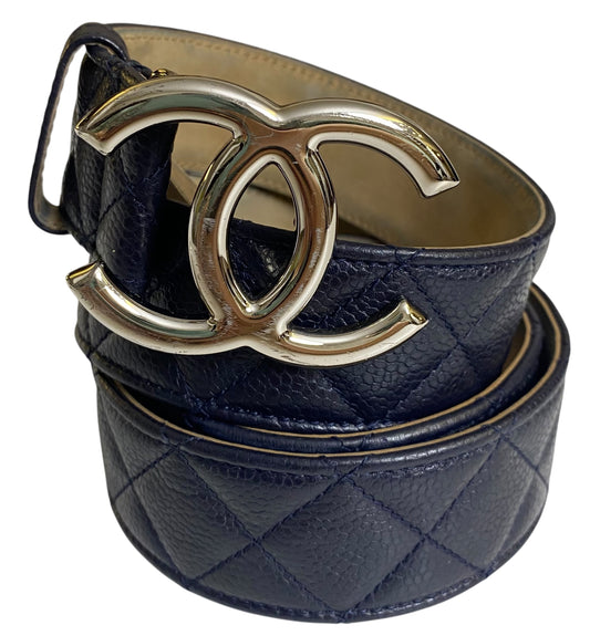 Chanel 13B Navy Blue Caviar Leather Quilted Silver CC Belt Size 90/36