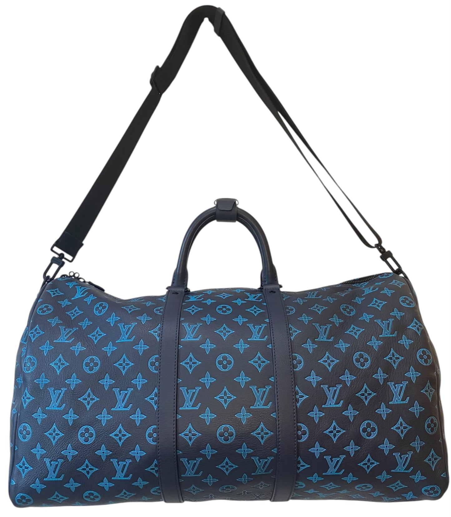 Louis Vuitton LIMITED EDITION Keepall Navy Teal River Bandouliere 50 Monogram Shadow!