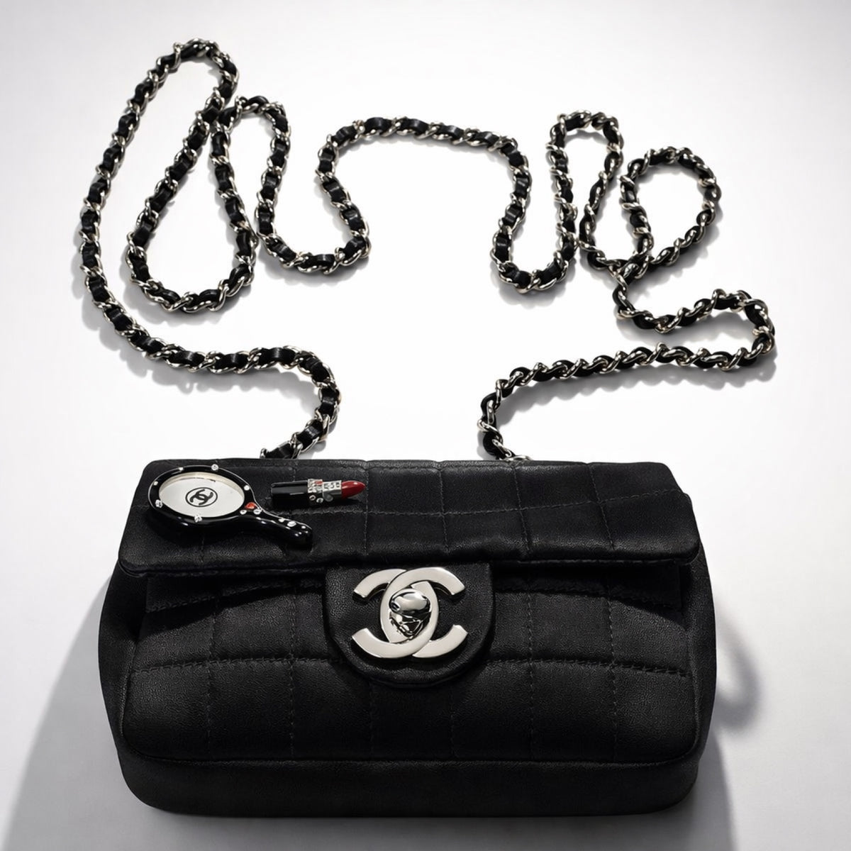 Chanel 04A Black Satin Mini Lipstick Mirror Charm Classic Flap Bag