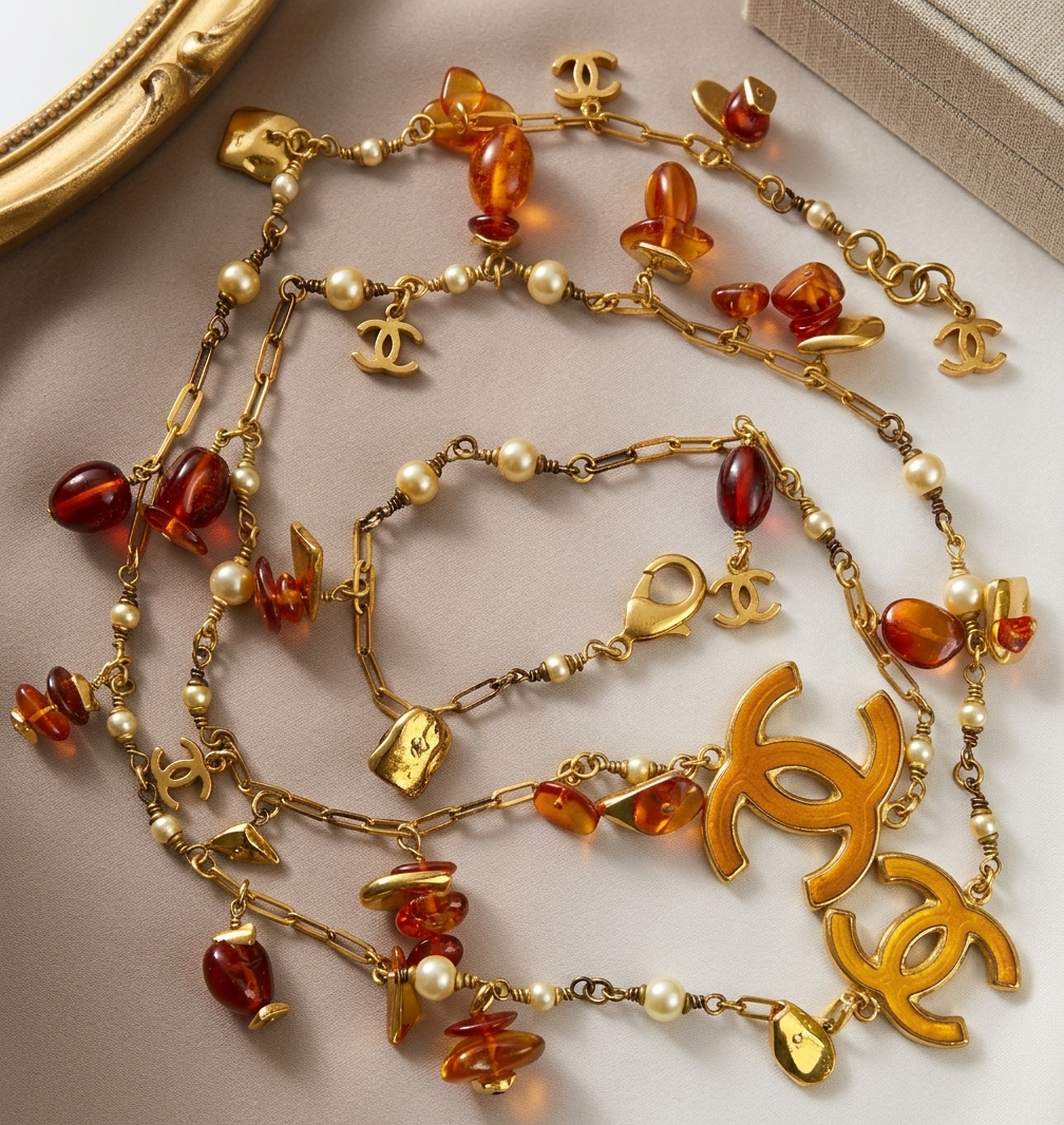 Chanel 11C St Tropez Amber Gold Long Strand Statement Necklace