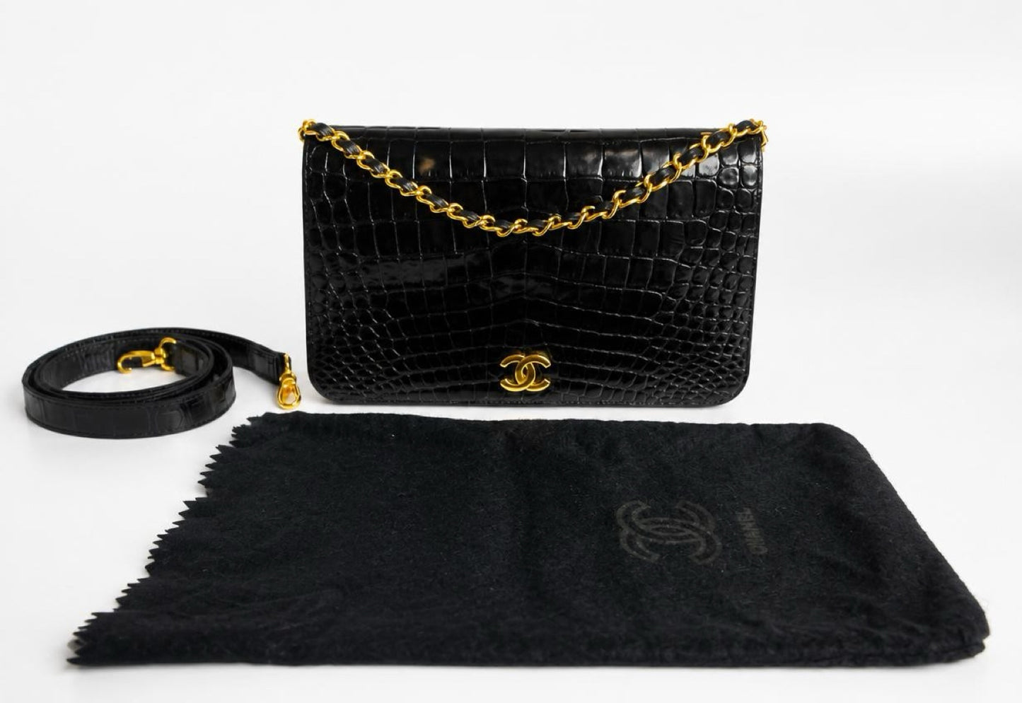 ULTRA RARE Vintage 1984 Chanel Black Crocodile Flap Bag 24K Gold Hardware